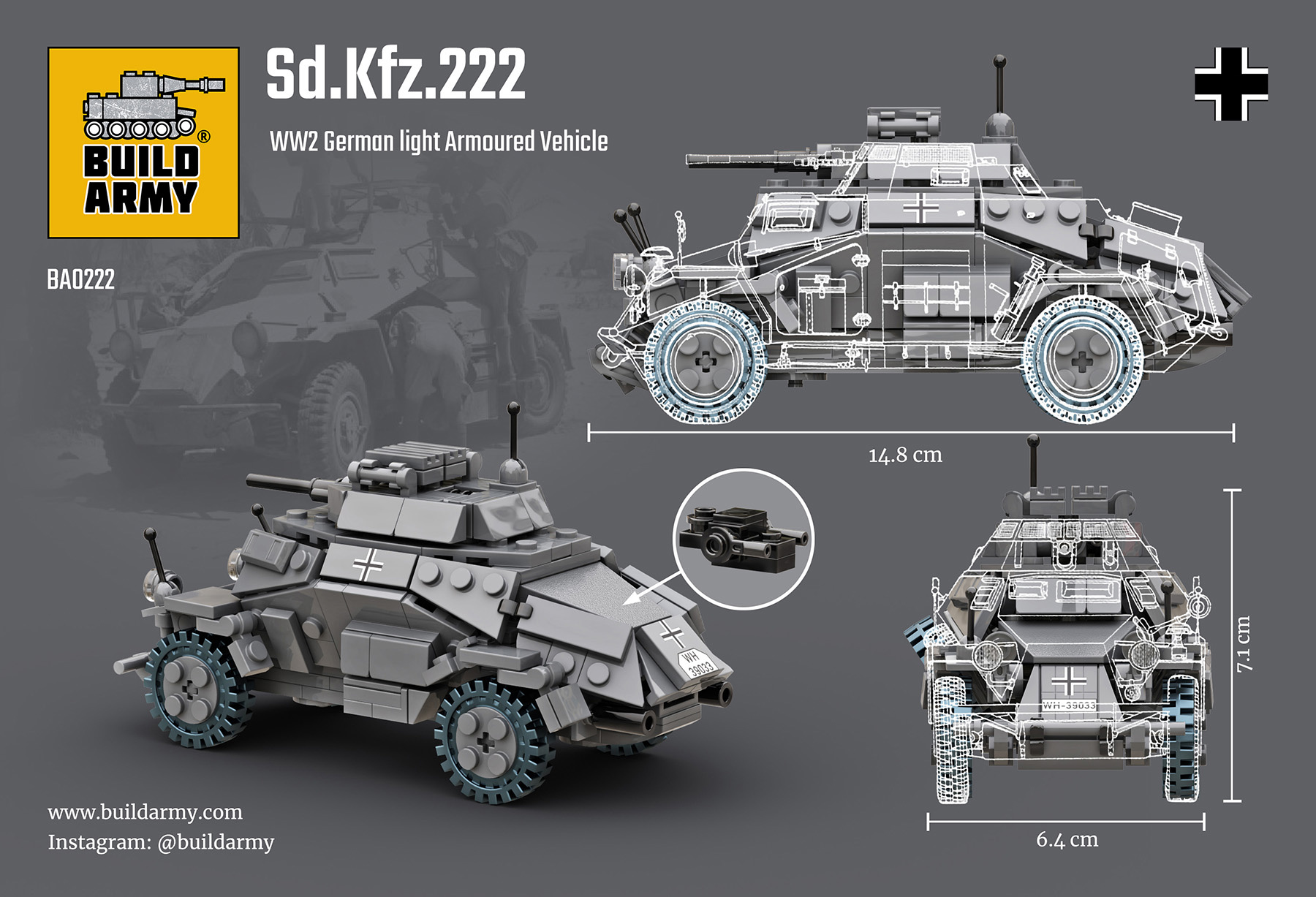 Build Army 1/33 Sd. Kfz. 222 Armoured Vehicle # 0222