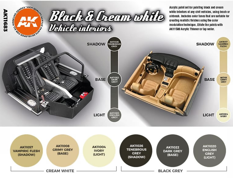 AK Interactive 3rd Gen Black & Cream White Vehicle Interiors # 11683