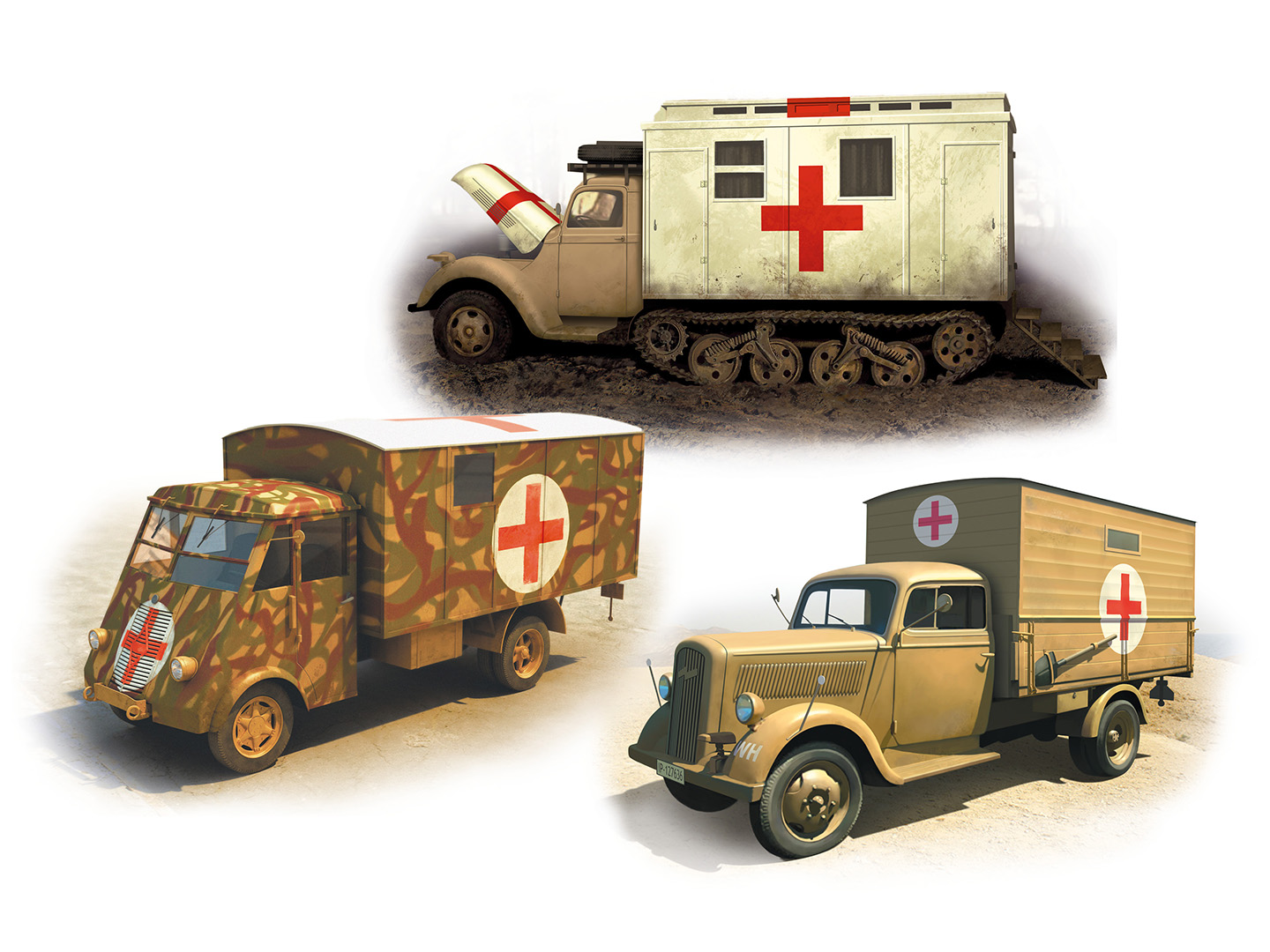 ICM 1/35 'Sankas' WWII Wehrmacht Ambulance Trucks # DS3523