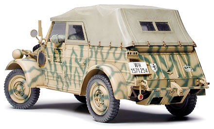 About the Kubelwagen Type 82  The Kubelwagen was originally designed as a civilian vehicle, but after German militaristic expansion and mobilization in the late 1930's plans were soon made for a military version. After the poor performance of the Kubelwagen Type 62, an improved model designated Type 82 went into mass production in 1940. The Kubelwagen Type 82 featured a trustworthy 4-cylinder, horizontally opposed, air-cooled engine, capable of 23.5hp at 3000rpm and provided a top speed of 80km/h. Over 50,000 Kubelwagens were produced by the war's end. From the searing heat of the North African Front to the blistering cold of the Russian Front, the Kubelwagen Type 82 was used for reconnaissance and communications purposes.  Kubelwagen Type 82 (European Campaign) Features  Kubelwagen Type 82 plastic assembly kit. 1/16 scale, Overall length: 242mm, Overall width: 100mm. Equipped with standard tires. Strengthening pressed lines have been accurately reproduced. All doors and engine access door can be assembled in opened or closed position. Hood can be assembled in the up or down position. Tires are made of real rubber and front wheels can be steered by moving steering wheel. Kit replicates full set of accessories including fuel jerry cans and driver figure.